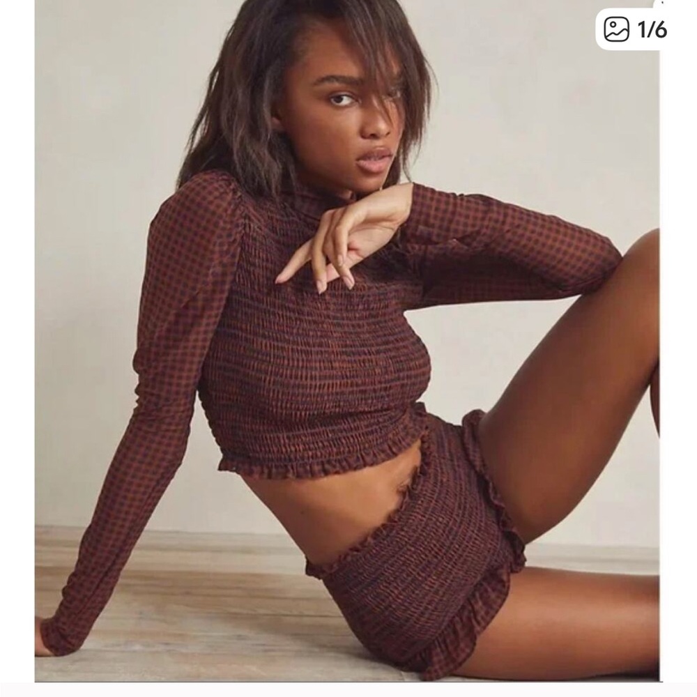 Free People Brown Checkered Ruffled gingham Lounge Set